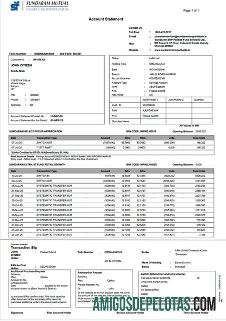 em branco Índia Sundaram Mutual modelo de extrato de conta Word e PDF